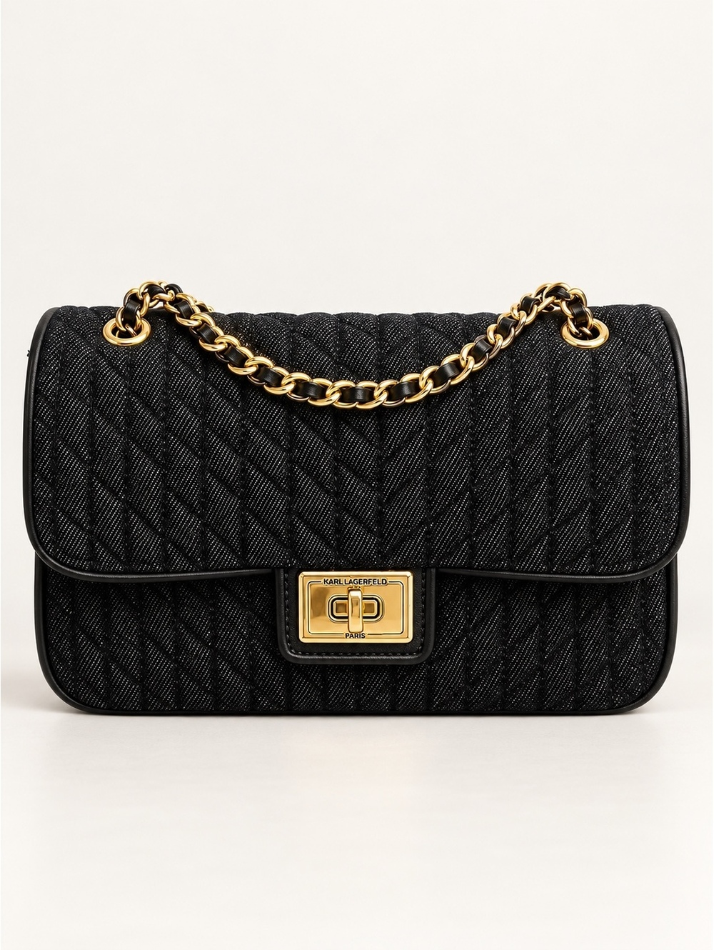 Karl Lagerfeld Agyness Large Black Quilted Denim Chain Shoulder Bag Purse